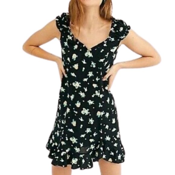 Free People Dresses & Skirts - EUC Free People Like A Lady Dress Size XS Black Citrus Fruit Open Back Ruffles